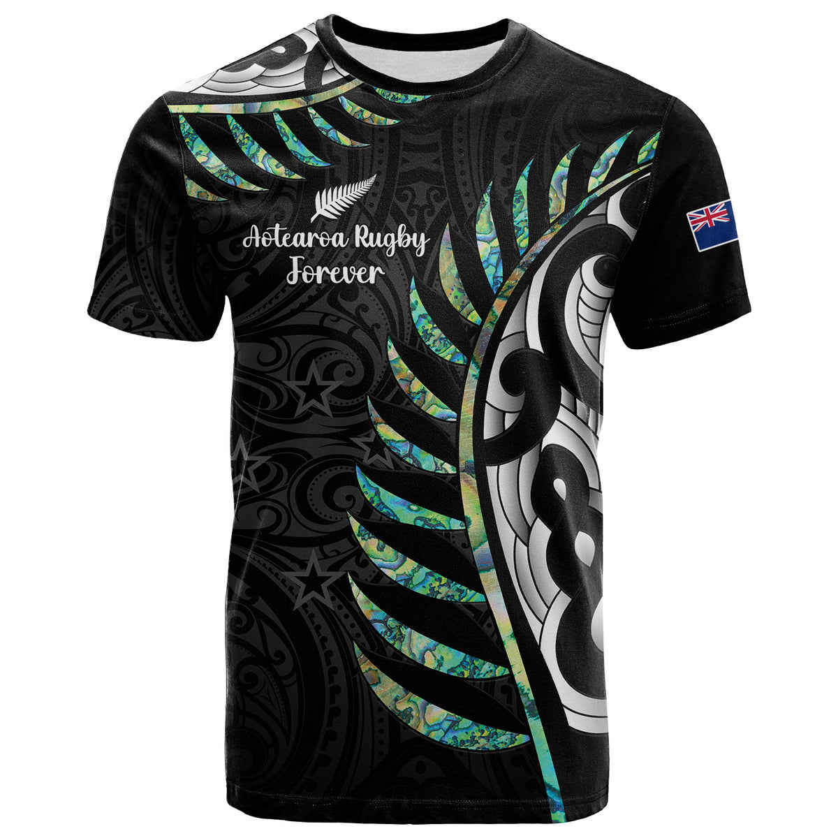 Personalised New Zealand Fern Rugby T Shirt Aotearoa Forever Champions Trophy LT14 Black - Polynesian Pride