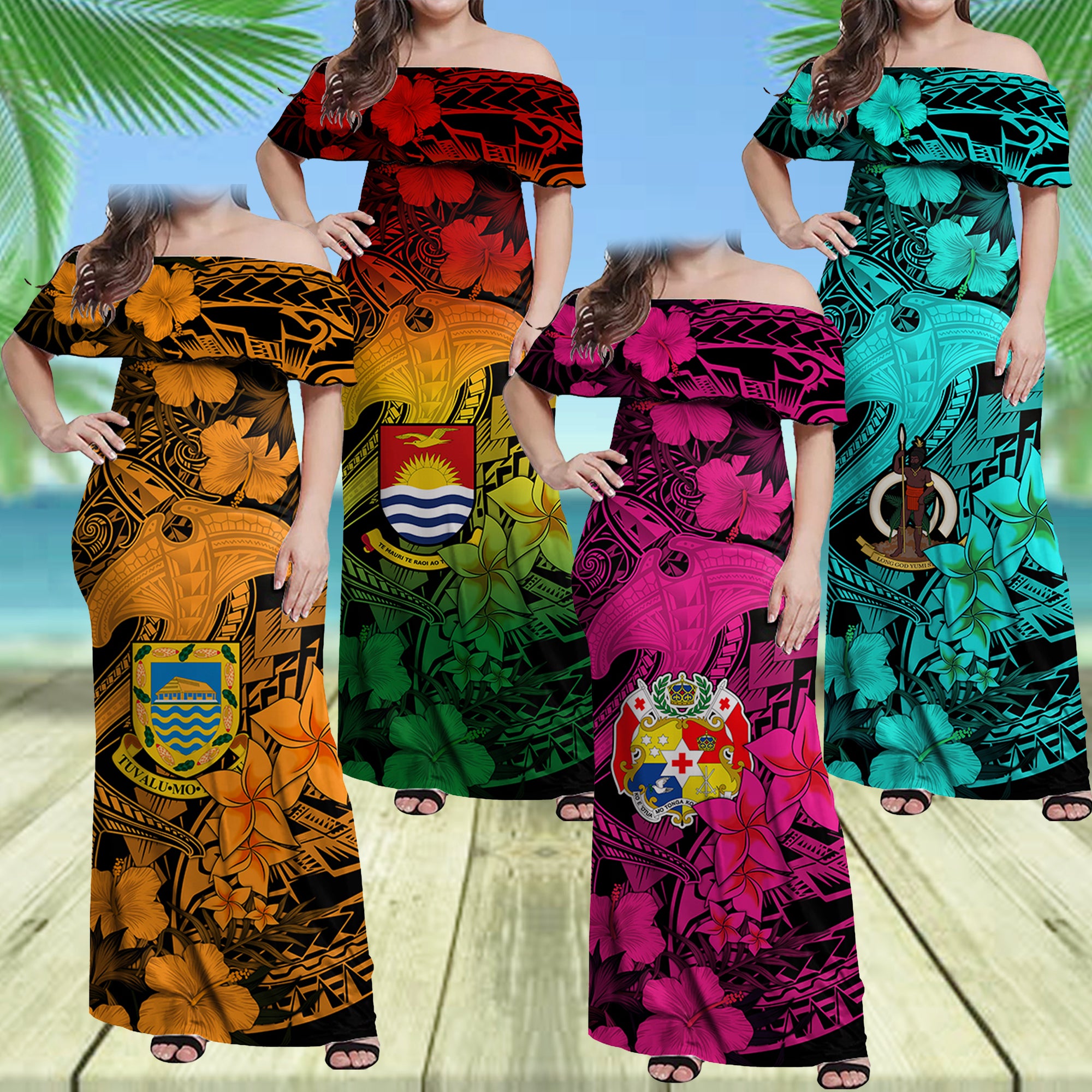 Custom Hawaii Tropical Off Shoulder Maxi Dress Hammerhead Shark and Coat of Arm Polynesian Island CTM09 - Polynesian Pride