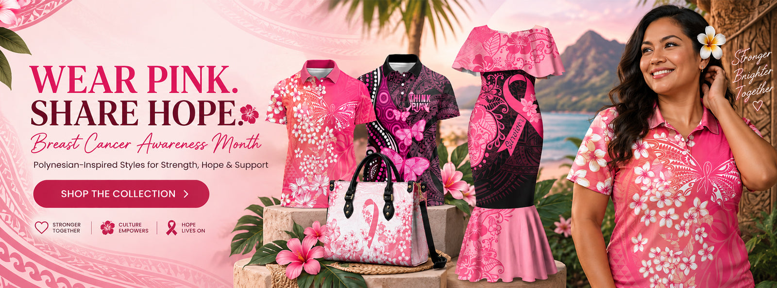 A promotional banner for a women's clothing collection in pink and black, featuring models wearing matching pink floral shirts and dresses, alongside other apparel items like a handbag and cardigan, set against a tropical beach background with text reading 'WEAR PINK. SHARE HOPE.