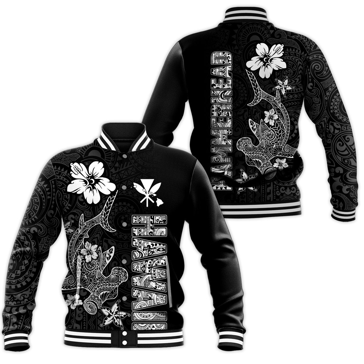Hawaii Hammerhead Shark Hibiscus Hawaii Pattern Baseball Jacket - LT2 Unisex BLACK - Polynesian Pride