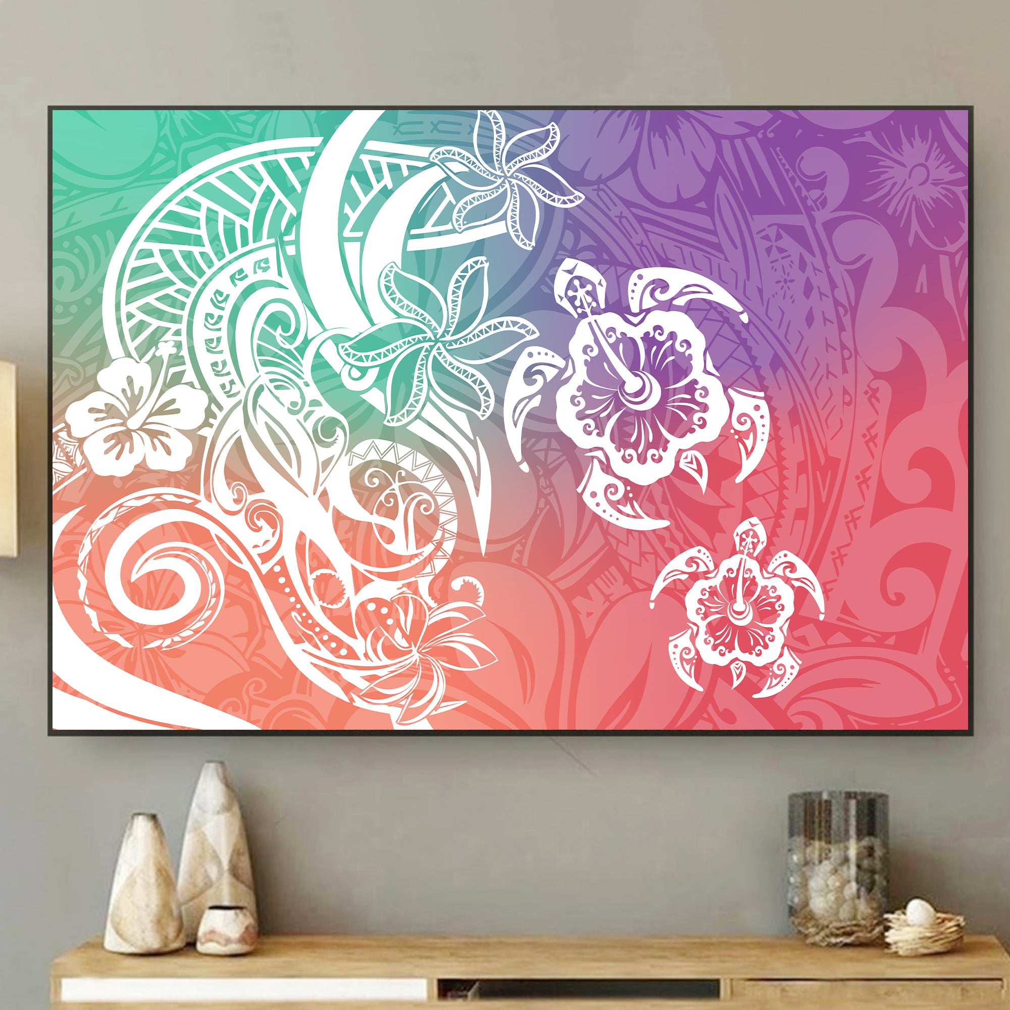 Polynesian Tribal Plumeria and Sea Turtle Tattoo Canvas Wall Art Blossom Style LT9 - Polynesian Pride