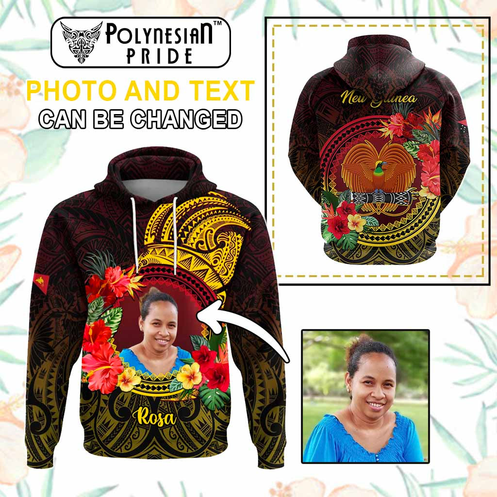 Custom Photo Papua New Guinea Hoodie Coat Of Arms Tropical Flowers Polynesian Pattern CTM05