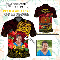Custom Photo Papua New Guinea Polo Shirt Coat Of Arms Tropical Flowers Polynesian Pattern CTM05