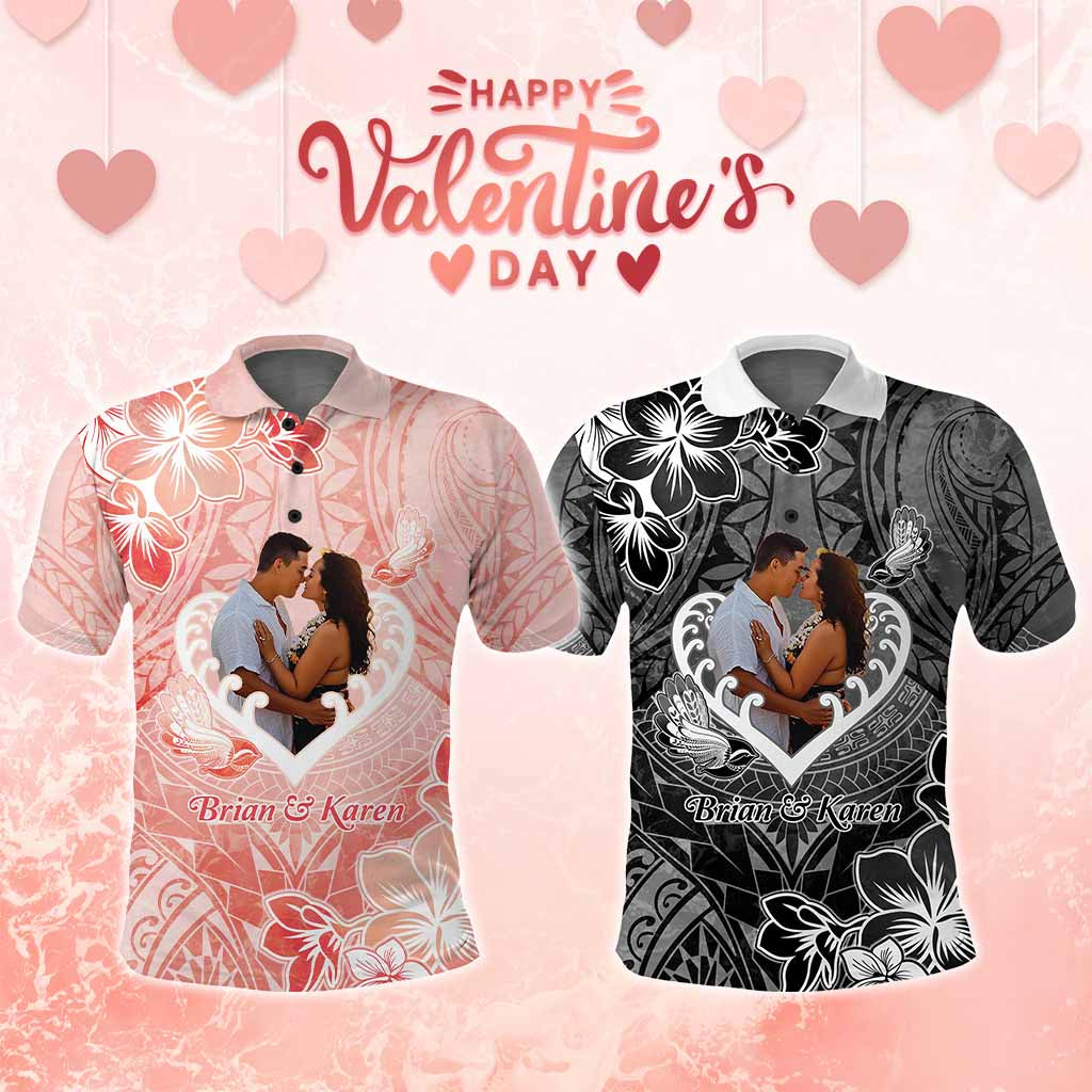 Custom Photo New Zealand Valentine Polo Shirt Maori Hongi With Piwakawaka