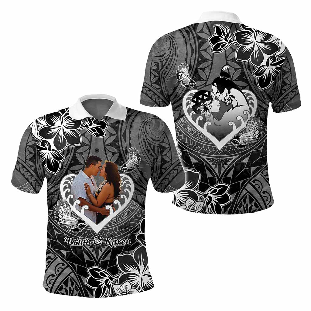 Custom Photo New Zealand Valentine Polo Shirt Maori Hongi With Piwakawaka