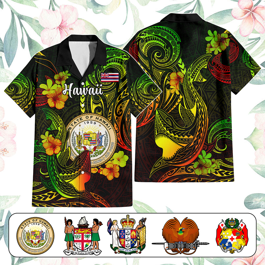 Custom Polynesian Countries Hawaiian Shirt Coat Of Arms Polynesian Tribal Tattoo Shark