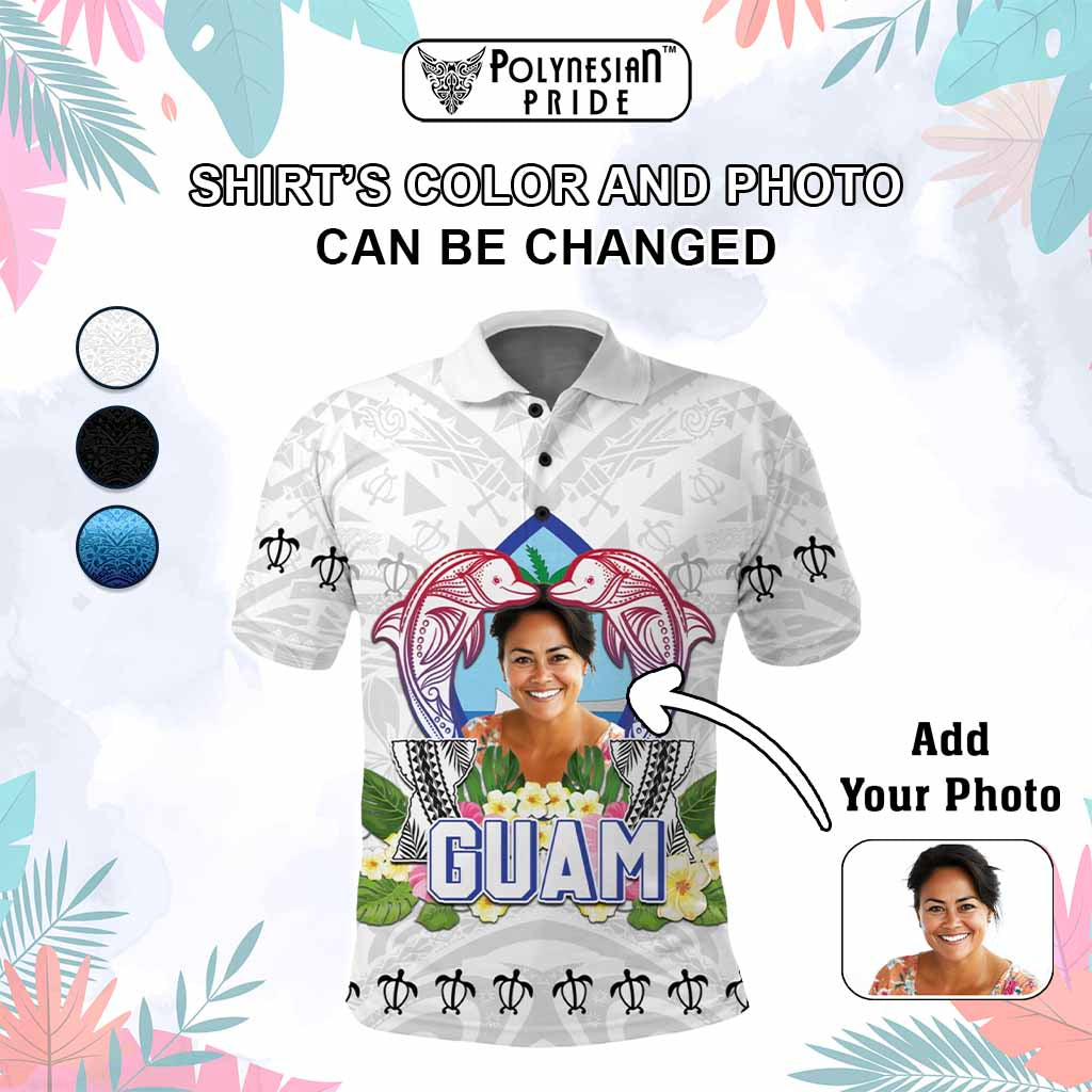 Custom Photo Guam Chamorro Polo Shirt Tribal Latte Stone With Dolphins