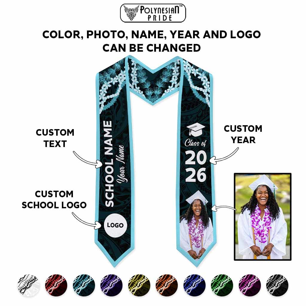 Custom Photo Hawaii Grad Name And Year Graduation Stole Polynesian Pattern With Leis