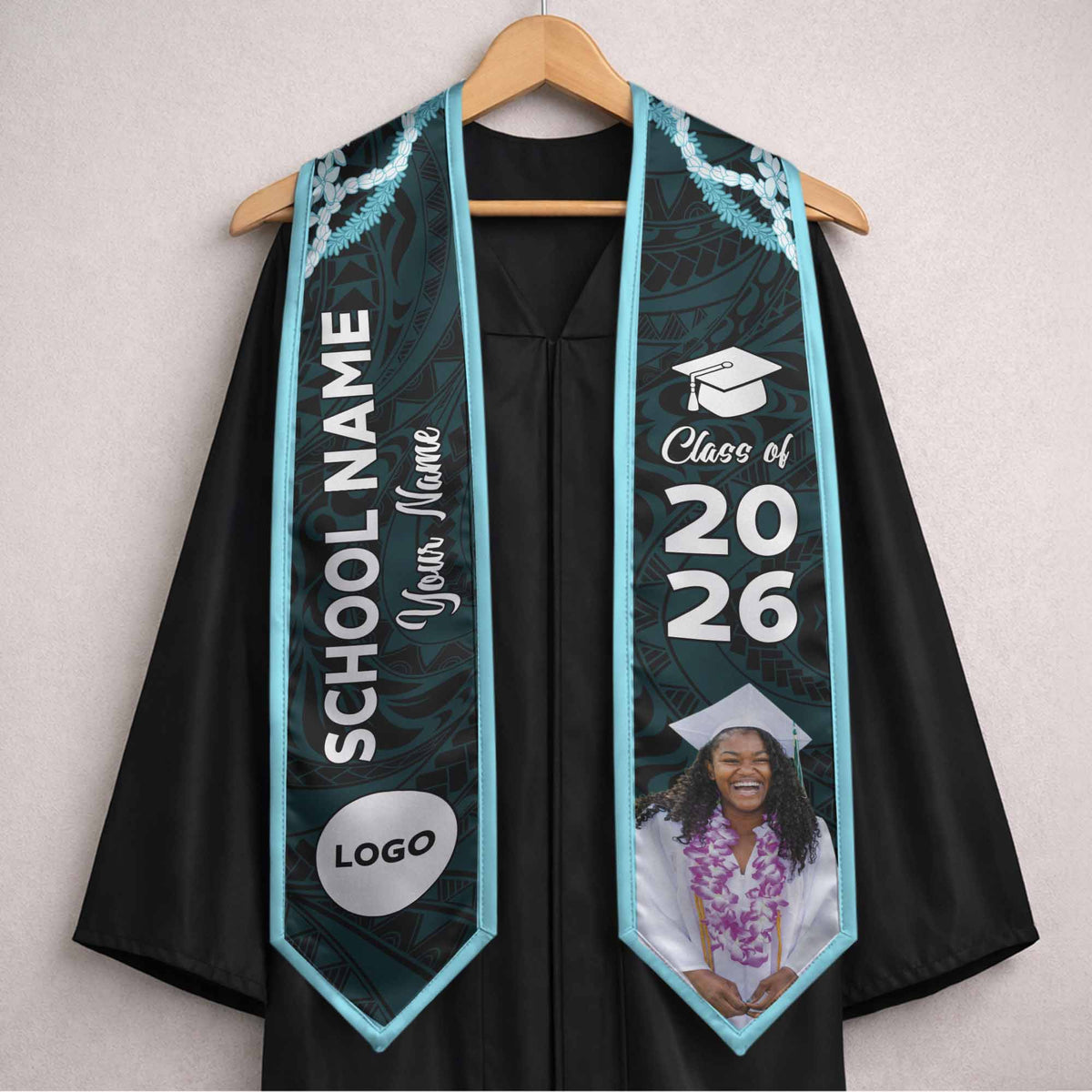 Custom Photo Hawaii Grad Name And Year Graduation Stole Polynesian Pattern With Leis