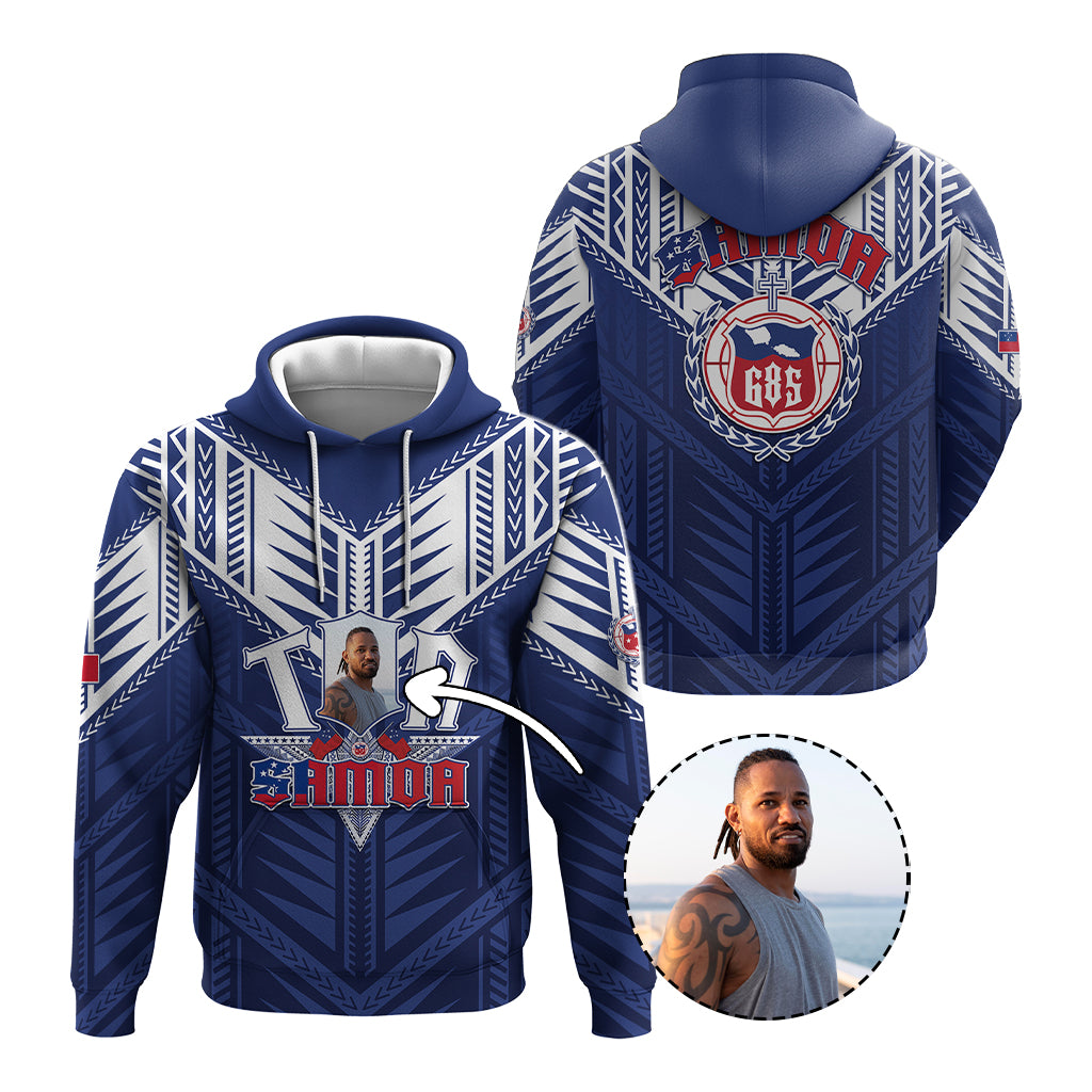Custom Photo Toa Samoa Rugby Hoodie Samoan Pride With Tribal Pattern CTM05 Pullover Hoodie Blue - Polynesian Pride