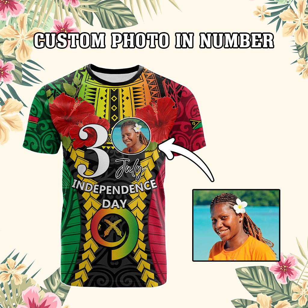Custom Photo Vanuatu Independence Day T Shirt Pig Tusk Polynesian Pattern