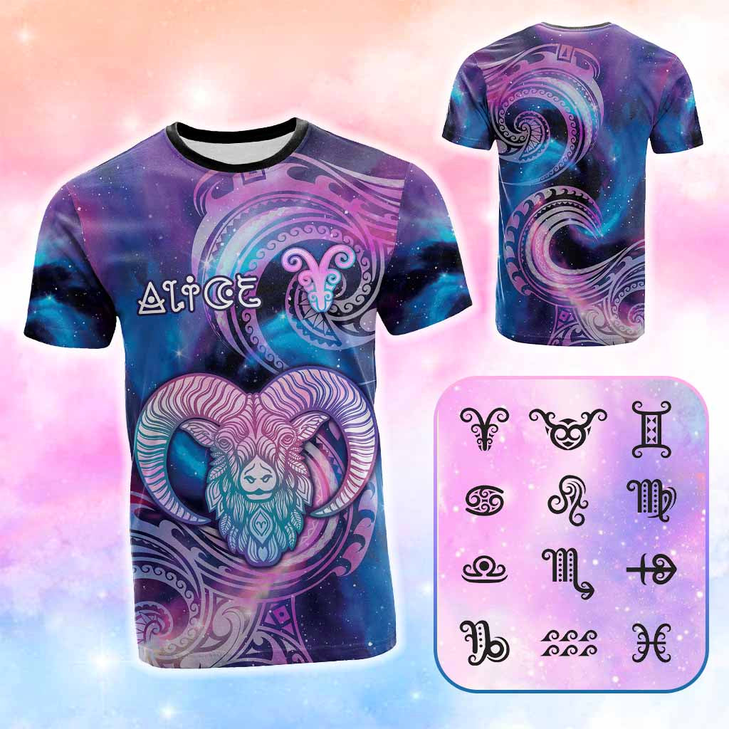 Custom Zodiac Signs T Shirt With Polynesian Pattern