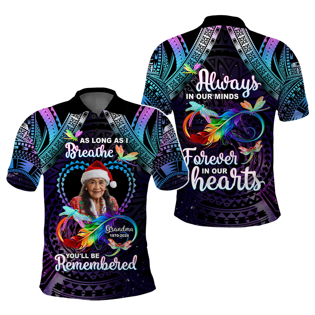 Custom Photo Memorial Polo Shirt As Long As I Breathe You'll Be Remembered Polynesian Style