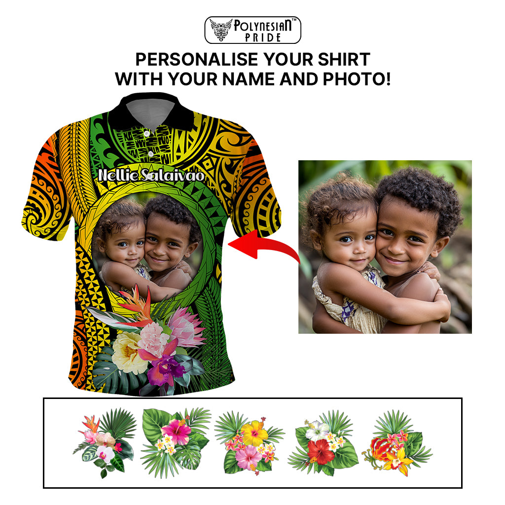Custom Photo Polynesian Tribal Polo Shirt with Tropical Flower