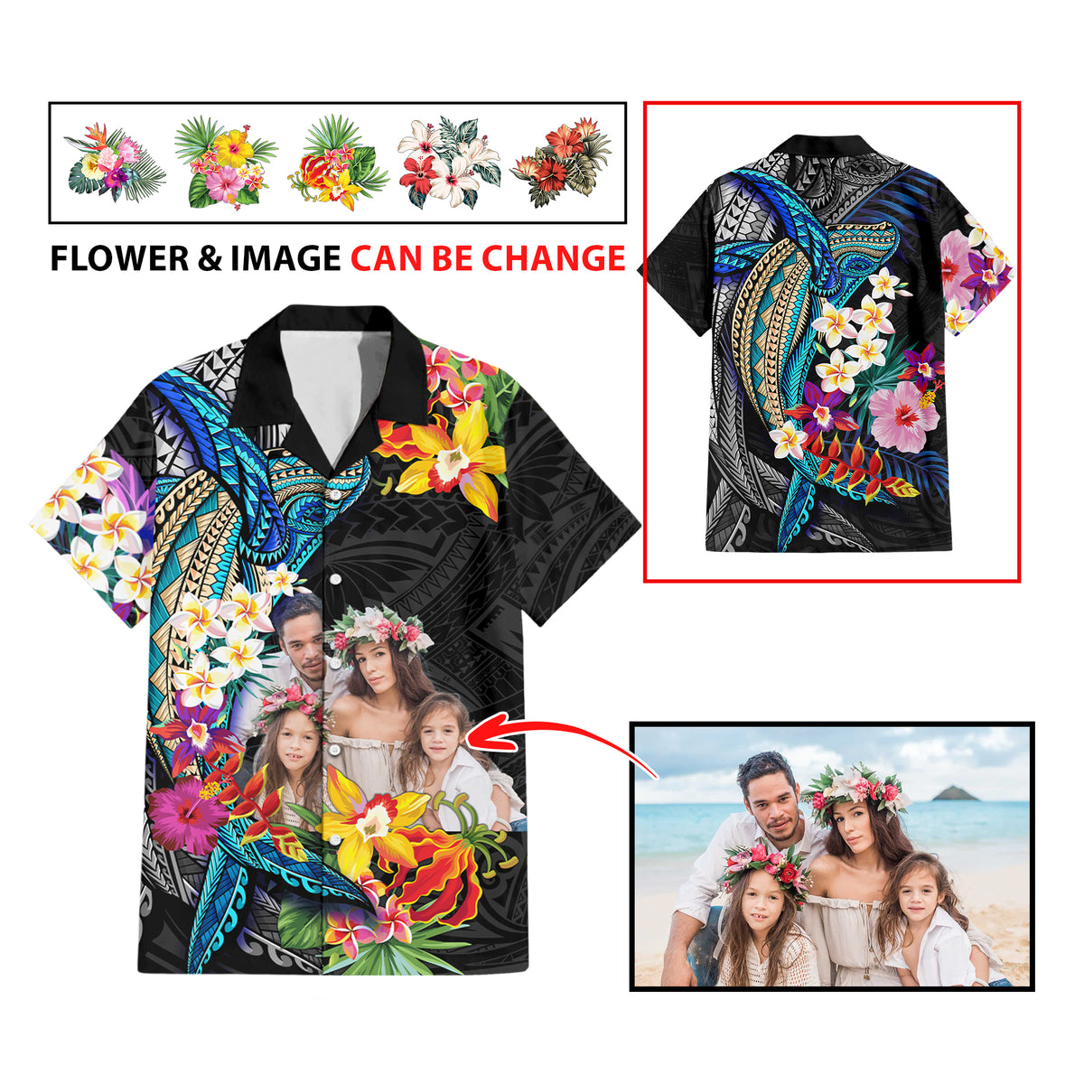 Custom Photo Polynesian Shark Tattoo Hawaiian Shirt Beauty Pacific Flowers - Polynesian Pride
