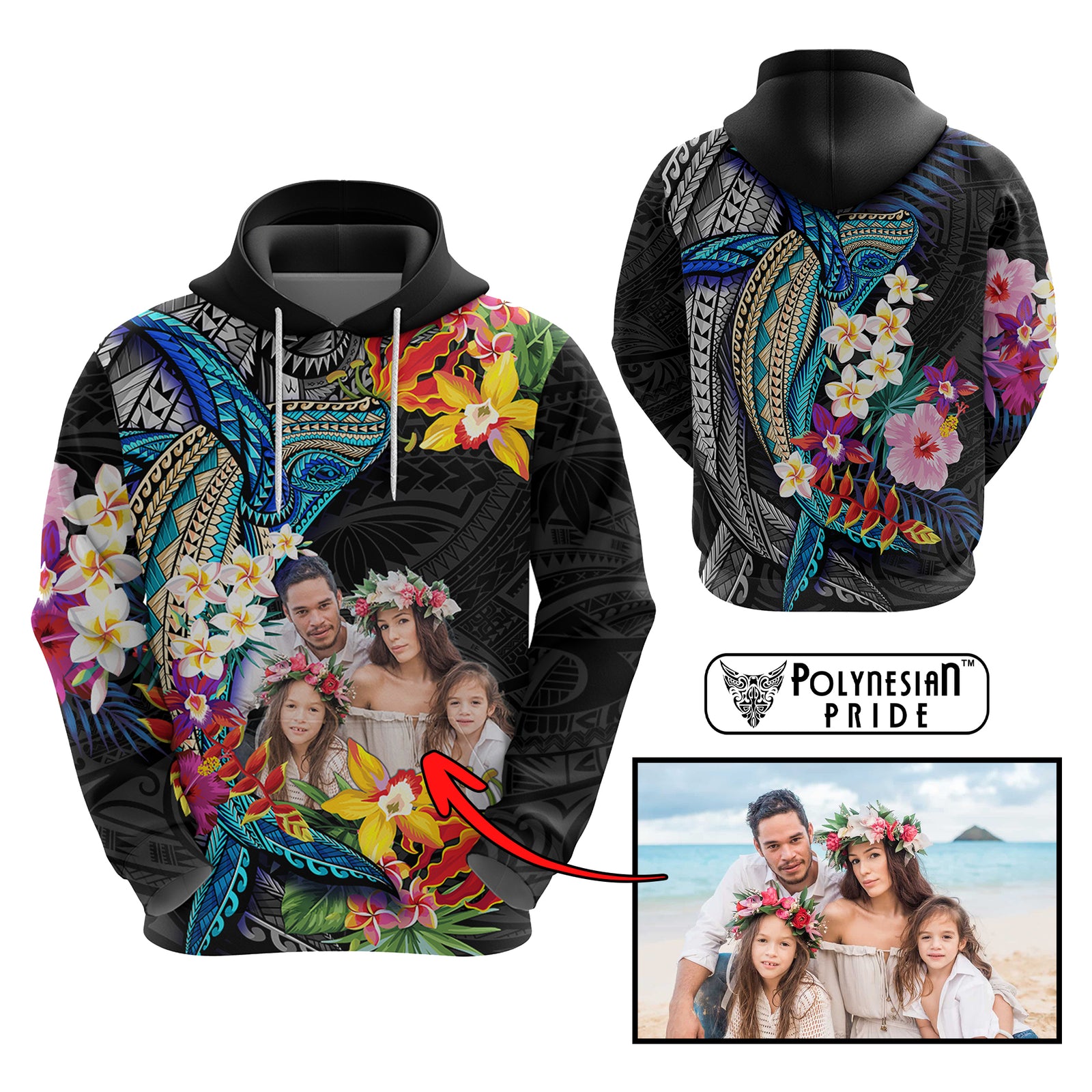 Custom Photo Polynesian Shark Tattoo Hoodie Beauty Pacific Flowers - Polynesian Pride