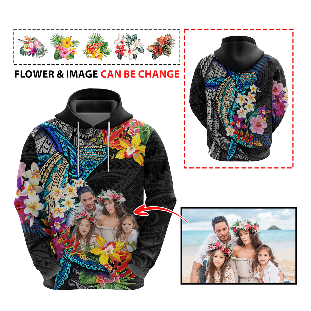 Custom Photo Polynesian Shark Tattoo Hoodie Beauty Pacific Flowers - Polynesian Pride