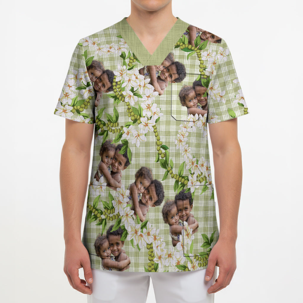 Custom Photo Hawaiian Palaka Scrub Top Mokihana Maile Ilima Leis