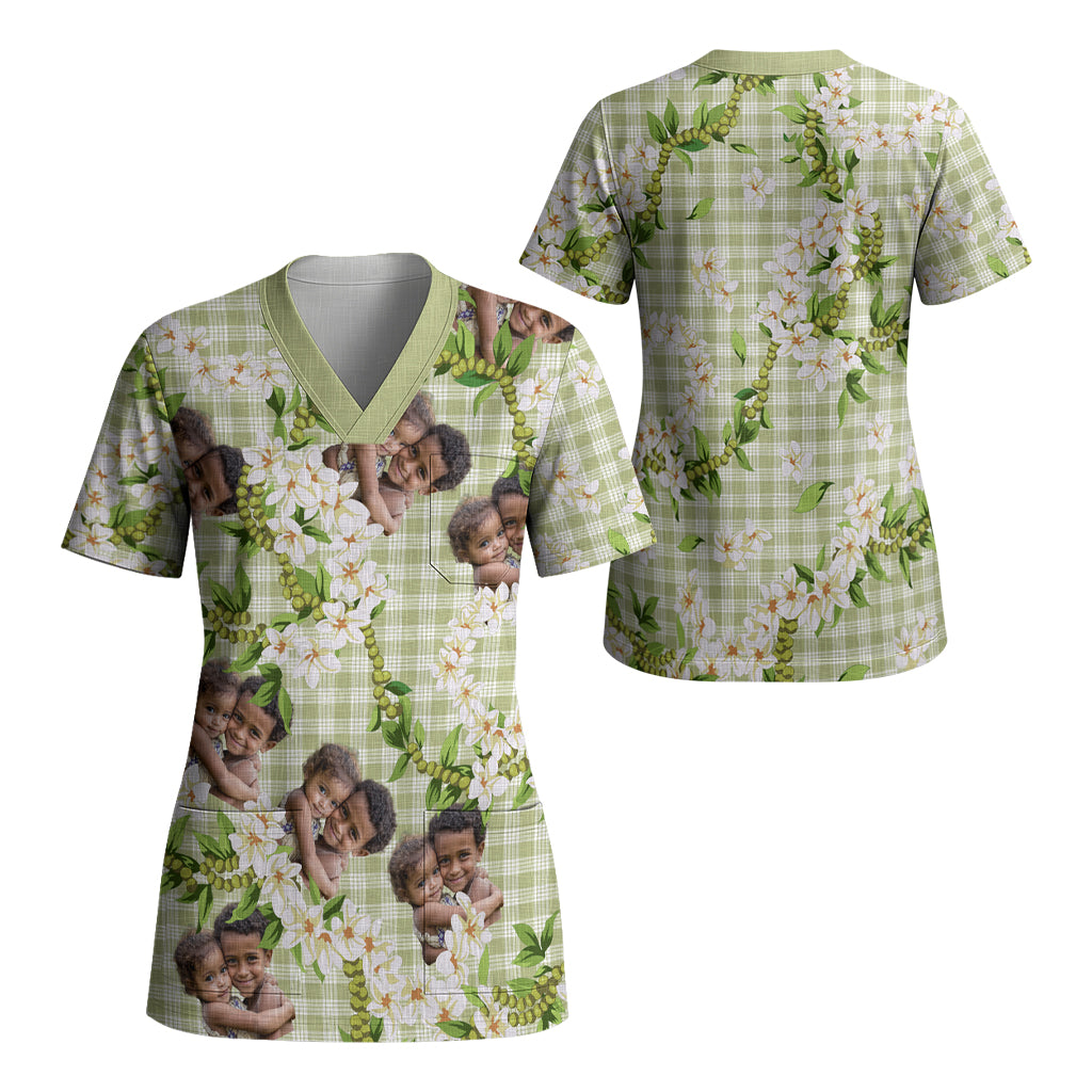 Custom Photo Hawaiian Palaka Scrub Top Mokihana Maile Ilima Leis