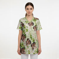 Custom Photo Hawaiian Palaka Scrub Top Mokihana Maile Ilima Leis