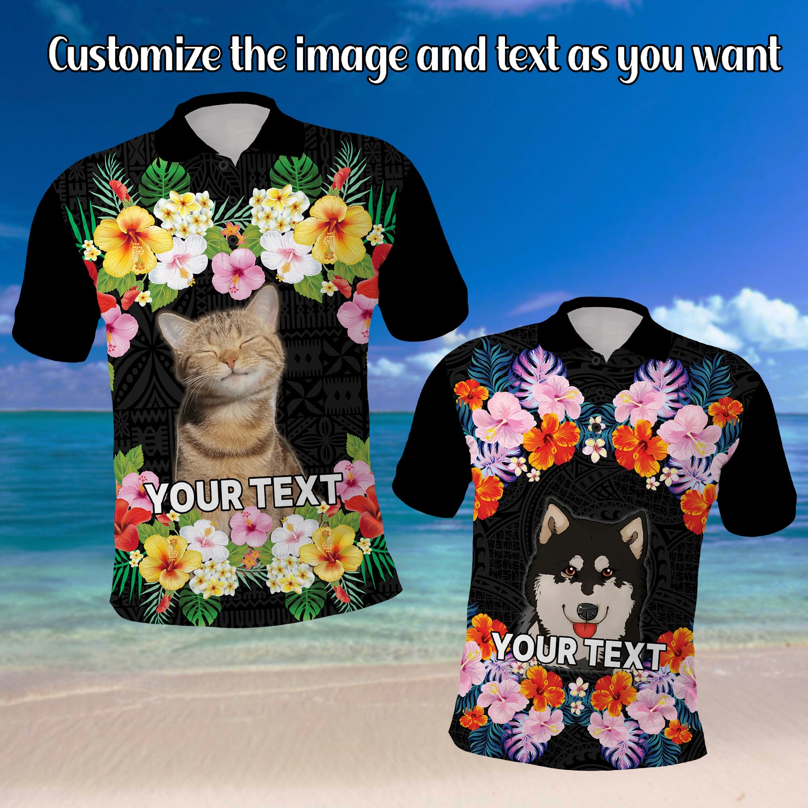 Custom Photo Polynesian Funny Dog Polo Shirt Tropical Flower