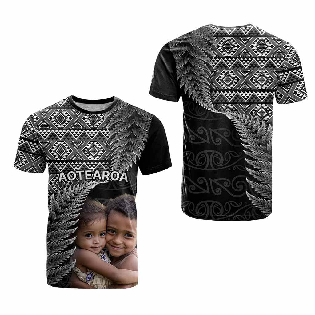 Custom Upload Image Aotearoa Silver Fern T Shirt Black Taniko Motif