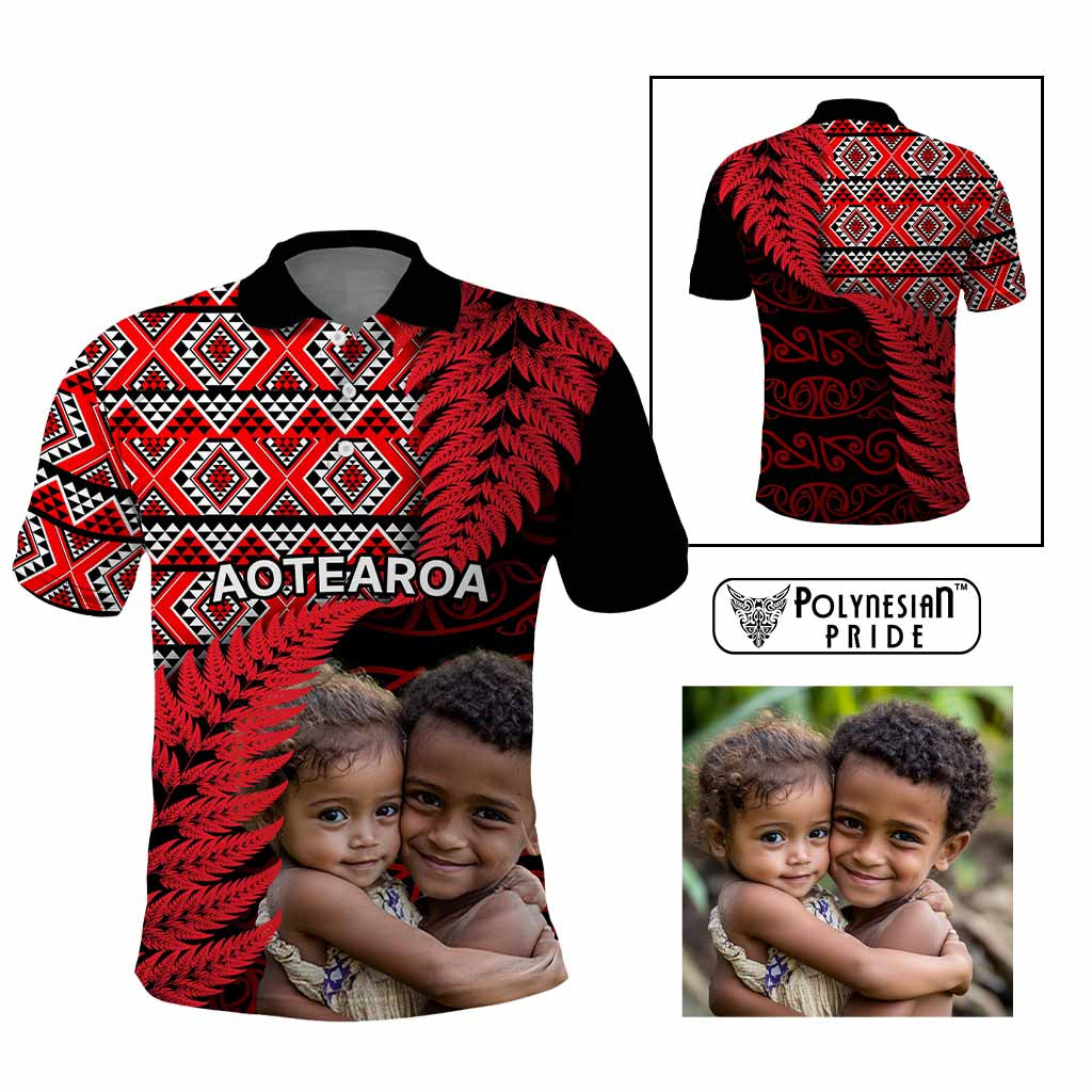 Custom Upload Image Aotearoa Silver Fern Polo Shirt Red Taniko Motif