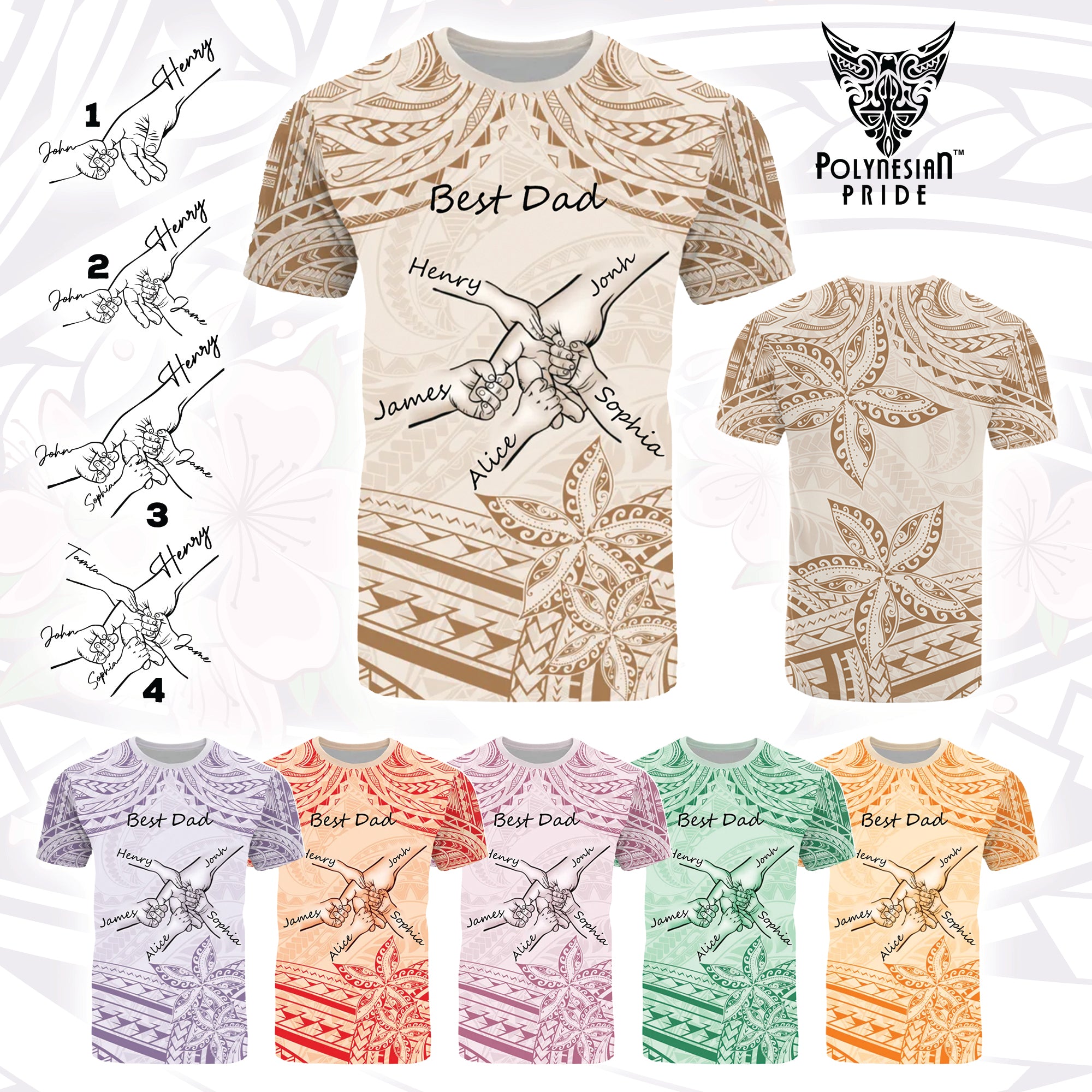 Custom Father's Day Fist Bump Dad and Baby Hands Holding T Shirt - Plumeria Floral Tribal Tattoo Unique