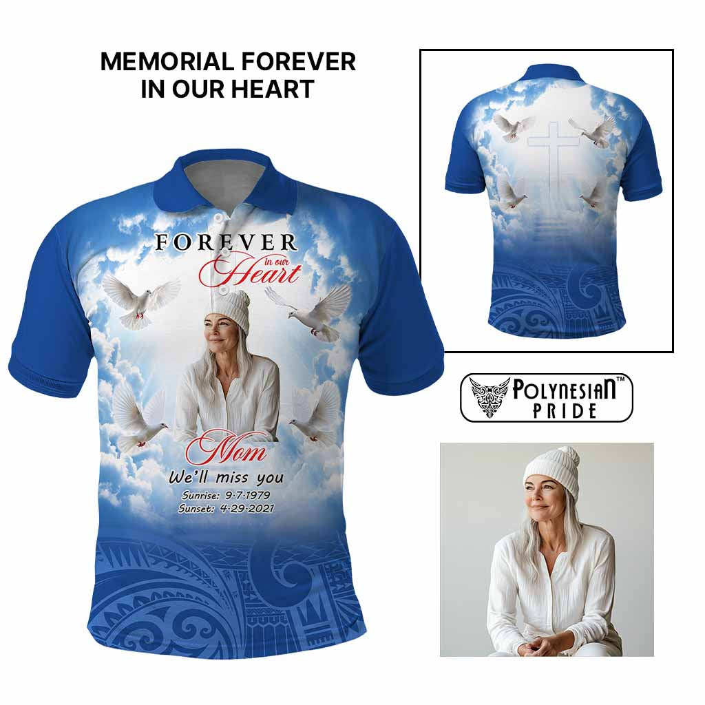 Custom Photo Memorial Forever in our Heart Polo Shirt Mixed Polynesian Pattern