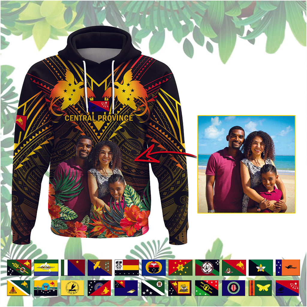 Custom Photo Papua New Guinea Provinces Hoodie Flag With Polynesian Tropical Flowers - Polynesian Pride
