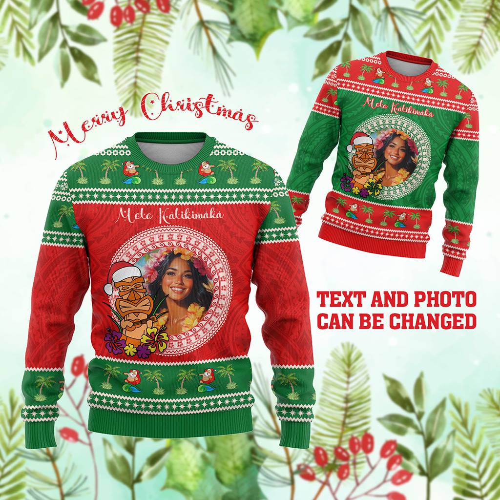 Custom Photo Aloha Hawaii Christmas Knitted Sweatshirt Tiki Santa Mele Kalikimaka