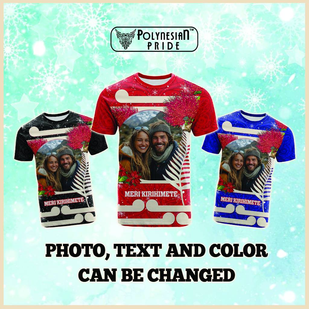 Custom Photo Kia Ora New Zealand T Shirt Pohutukawa Kiwi Santa Meri Kirihimete