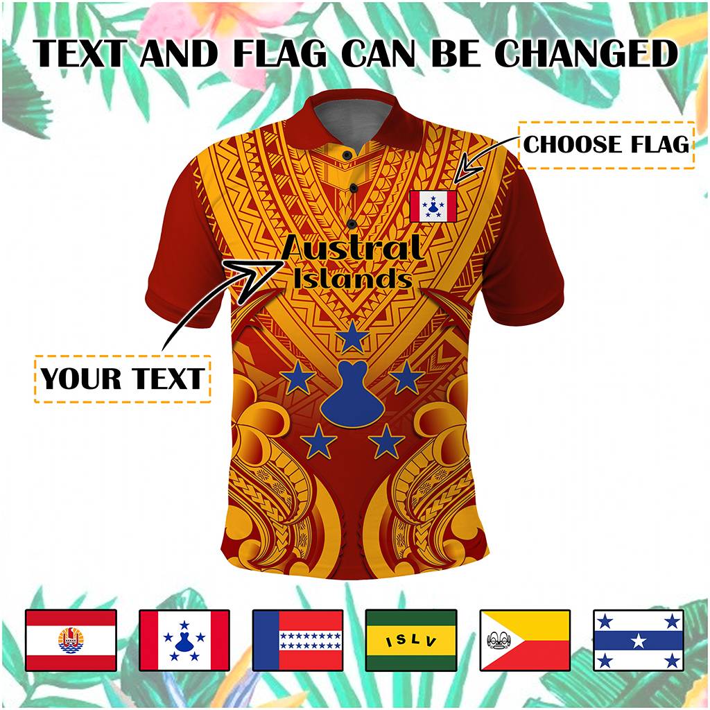 Custom French Polynesia Polo Shirt Five Groups Of Islands Flag Plumeria Polynesian Tribal