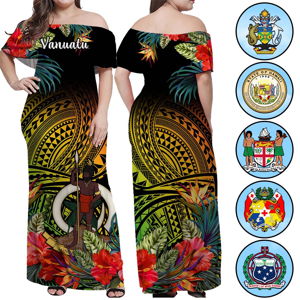 Custom Polynesian Off Shoulder Maxi Dress Coat Of Arms Tropical Flowers