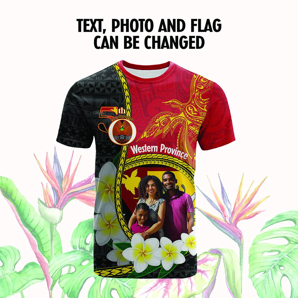 Custom Photo Papua New Guinea Provinces T Shirt Flag With Polynesian Tropical Flowers