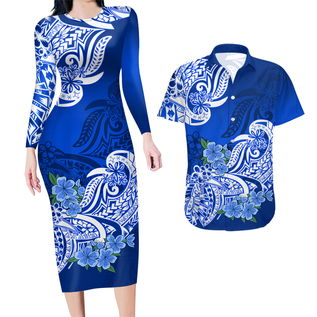 Polynesian Matching Outfit For Couples Floral Tribal Blue Style Bodycon Dress And Hawaii Shirt LT9 - Polynesian Pride