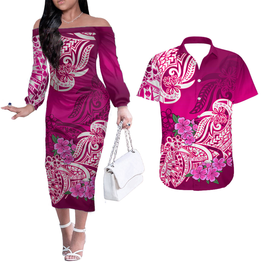 Polynesian Matching Couples Outfit Floral Tribal Combo Long Sleeve Dress And Hawaiian Shirt Pink LT9 Brown - Polynesian Pride