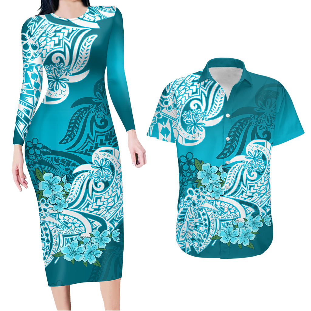 Polynesian Matching Outfit For Couples Floral Tribal Teal Style Bodycon Dress And Hawaii Shirt LT9 - Polynesian Pride