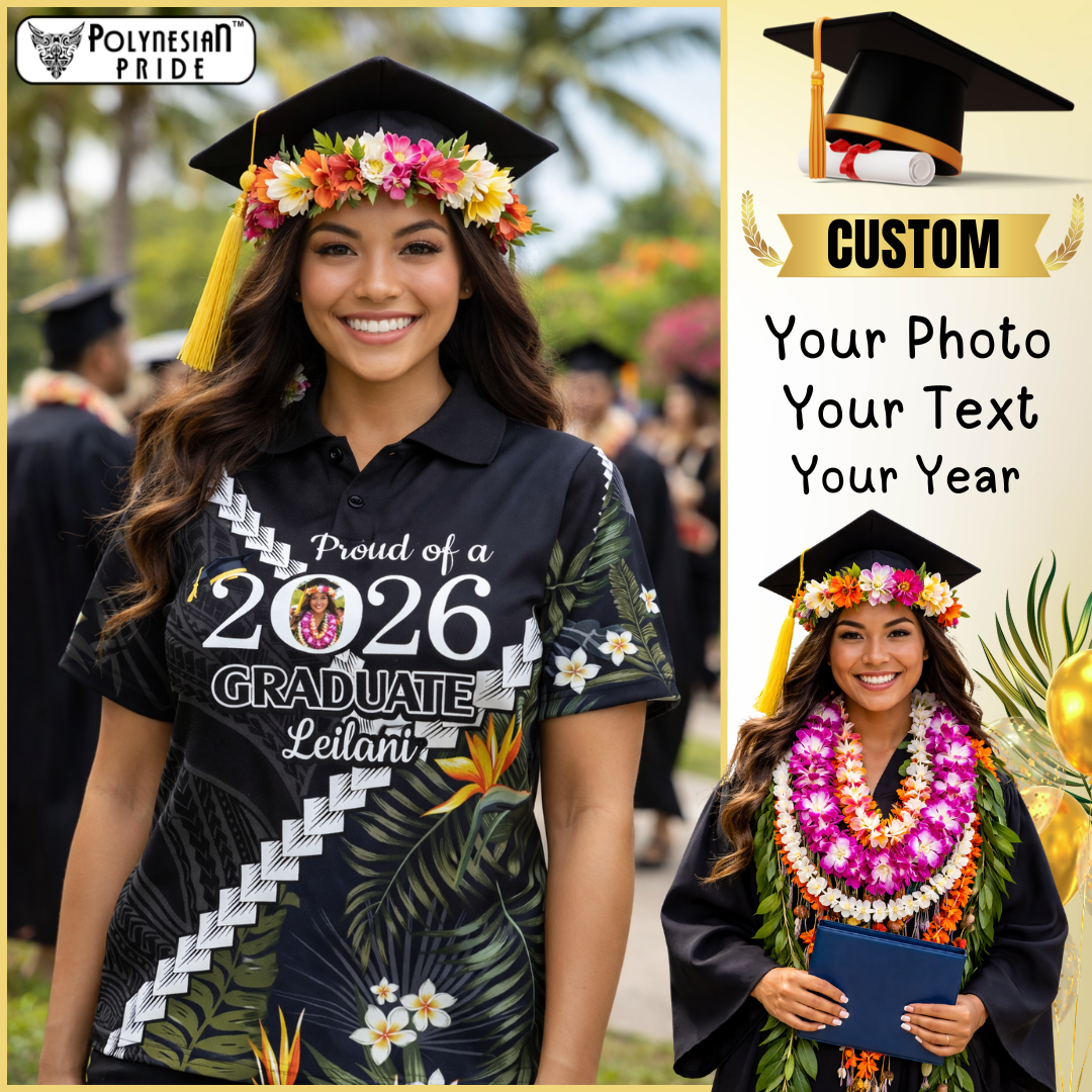 Custom Photo Polynesia Graduation Polo Shirt Proud Polynesian Tropical Flowers CTM14 Black - Polynesian Pride