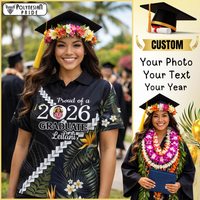 Custom Photo Polynesia Graduation Polo Shirt Proud Polynesian Tropical Flowers CTM14 Black - Polynesian Pride