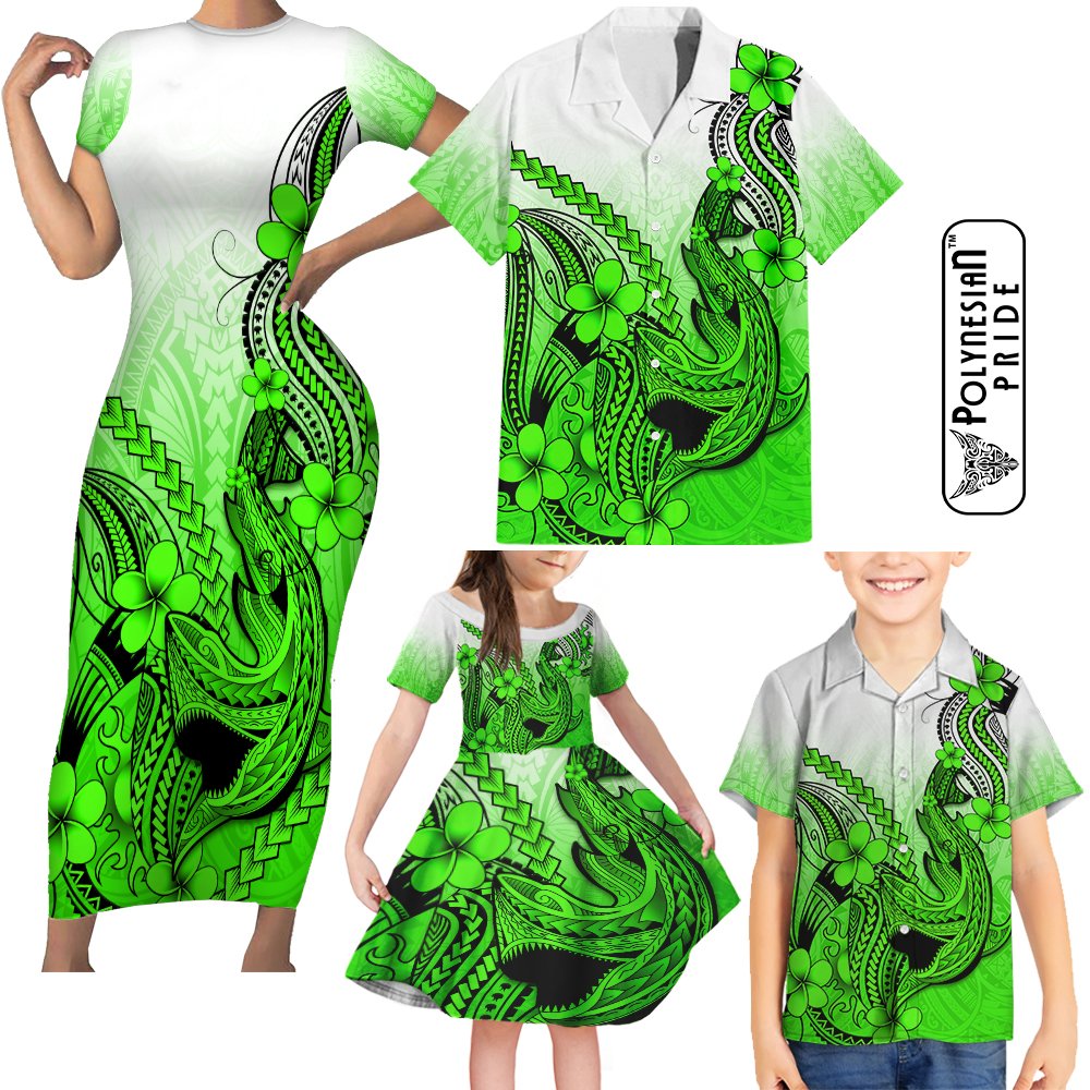 Green Hawaii Family Matching Outfits Short Sleeve Bodycon Dress And Hawaiian Shirt Polynesian Shark Tattoo LT14 Green - Polynesian Pride