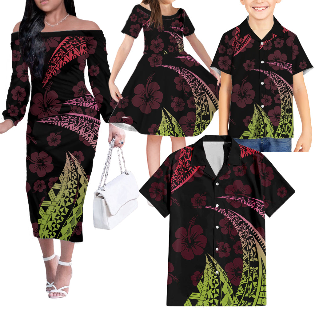 CUSTOMER REQUEST - Polynesian Hibiscus - 08/01/2025 - Family Matching Off The Shoulder Long Sleeve Dress and Hawaiian Shirt - LT03