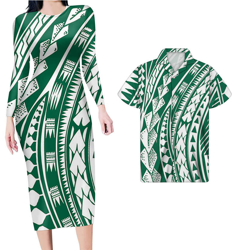 Polynesian Pride Hawaii Matching Clothes For Couples Polynesian Tribal Green White Bodycon Dress And Summer Hawaii Shirt - Polynesian Pride