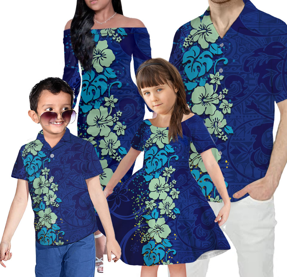 Hawaii Hibiscus Flowers Family Matching Outfits Polynesian Off Shoulder Long Sleeve Dress And Shirt Family Set - Polynesian Pride