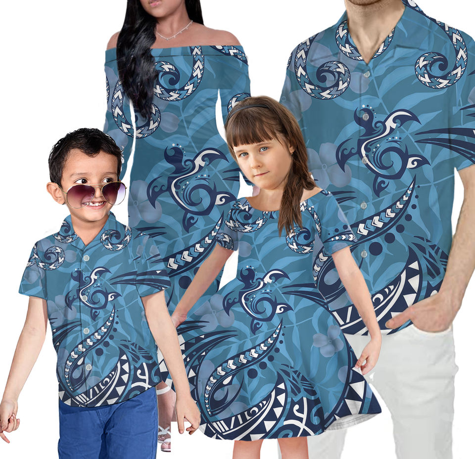 Blue Polynesian Tribal Hawaii Family Matching Outfits Polynesian Off Shoulder Long Sleeve Dress And Shirt - Polynesian Pride