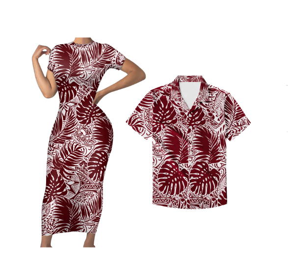 Polynesian Pride Matching Tropical Couple Outfits Hawaii Palm Leaf Red Bodycon Dress And Hawaii Shirt - Polynesian Pride