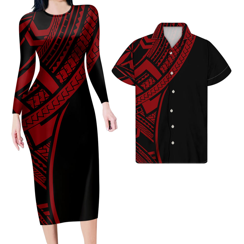 Hawaii Matching Outfit For Couples Hawaiian Polynesian Tribal Half Bodycon Dress And Hawaii Shirt - Polynesian Pride