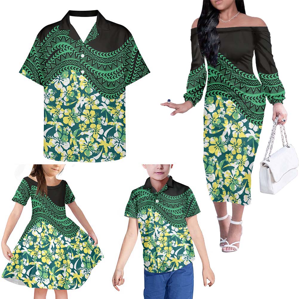 Polynesian Family Matching Outfits Hibiscus Flowers Off Shoulder Long Sleeve Dress And Shirt Family Set Clothes - Polynesian Pride