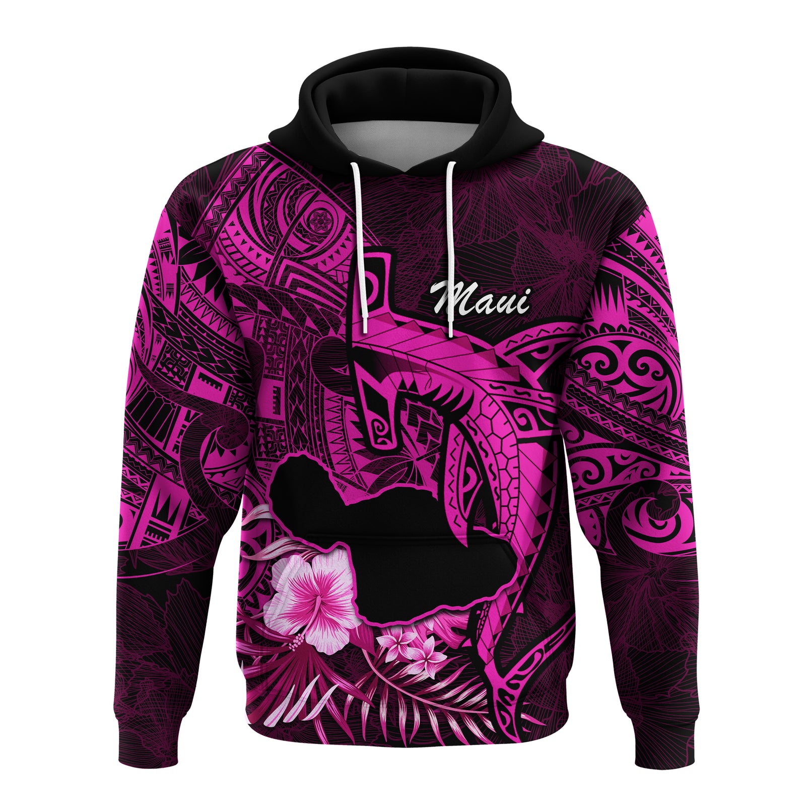 Hawaii Islands Hoodie Maui Map Hawaiian Shark With Tropical Flowers LT14 Pink - Polynesian Pride