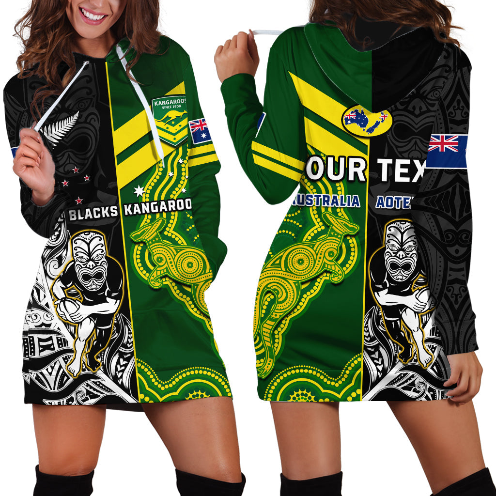 (Custom Personalised) Australia Kangaroos And All Black Rugby Hoodie Dress Aboriginal Mix NZ Maori Fern LT14